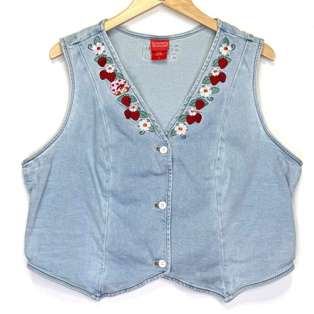 Strawberry Shortcake Denim Vest Womens Sz 1 Plus Embroidered Y2K Cottagecore